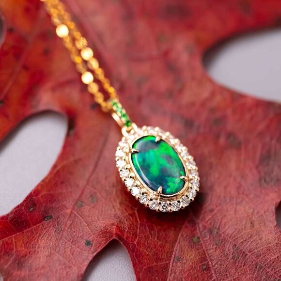 Bright Green Halo Diamond Tsavorite Black Opal Necklace 18k Yellow Gold